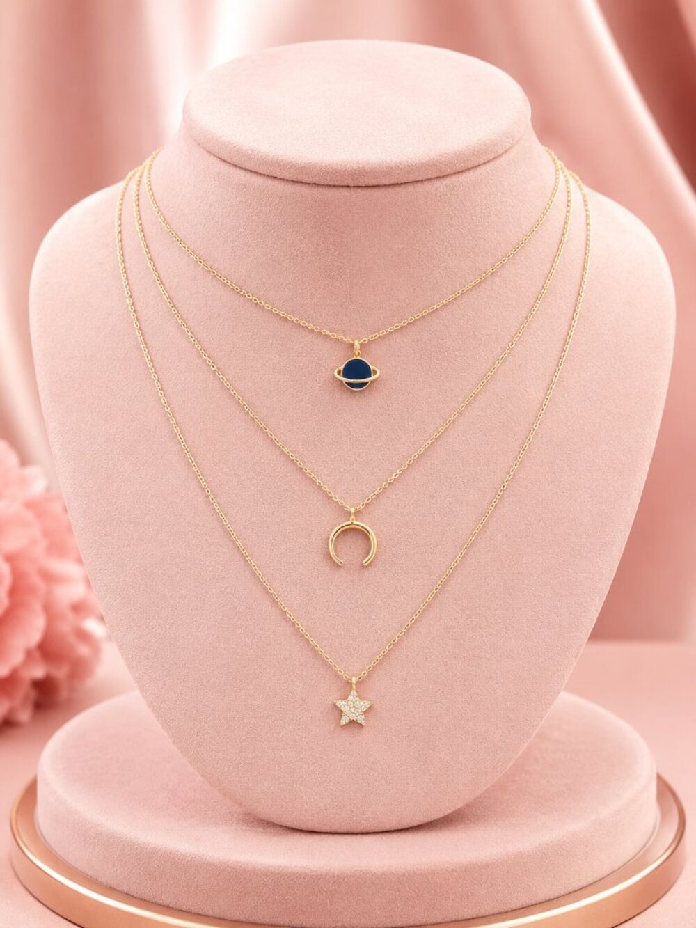 In Your Orbit Celestial Planet Star Moon Gold 3-Layer Boho Chain Necklace NEW